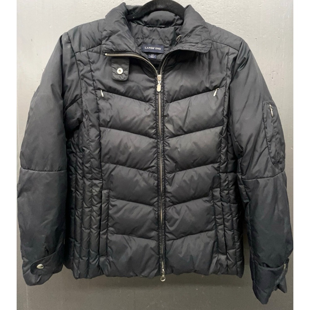 Lands End Goose Down Jacket Women XS Black Zip 7‎ Pockets Outdoor Travel Coat